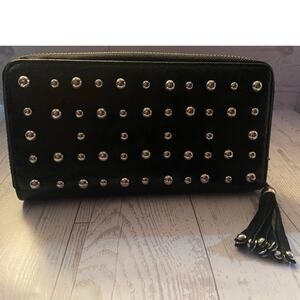 Edwin Revolution Black Studded Wallet Zip Around Tassel Missing Inner Zip Pull